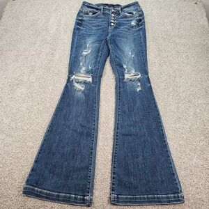 Judy Blue Trouser Flare Jeans Distressed Blue Denim Button Fly Size 7 28x33